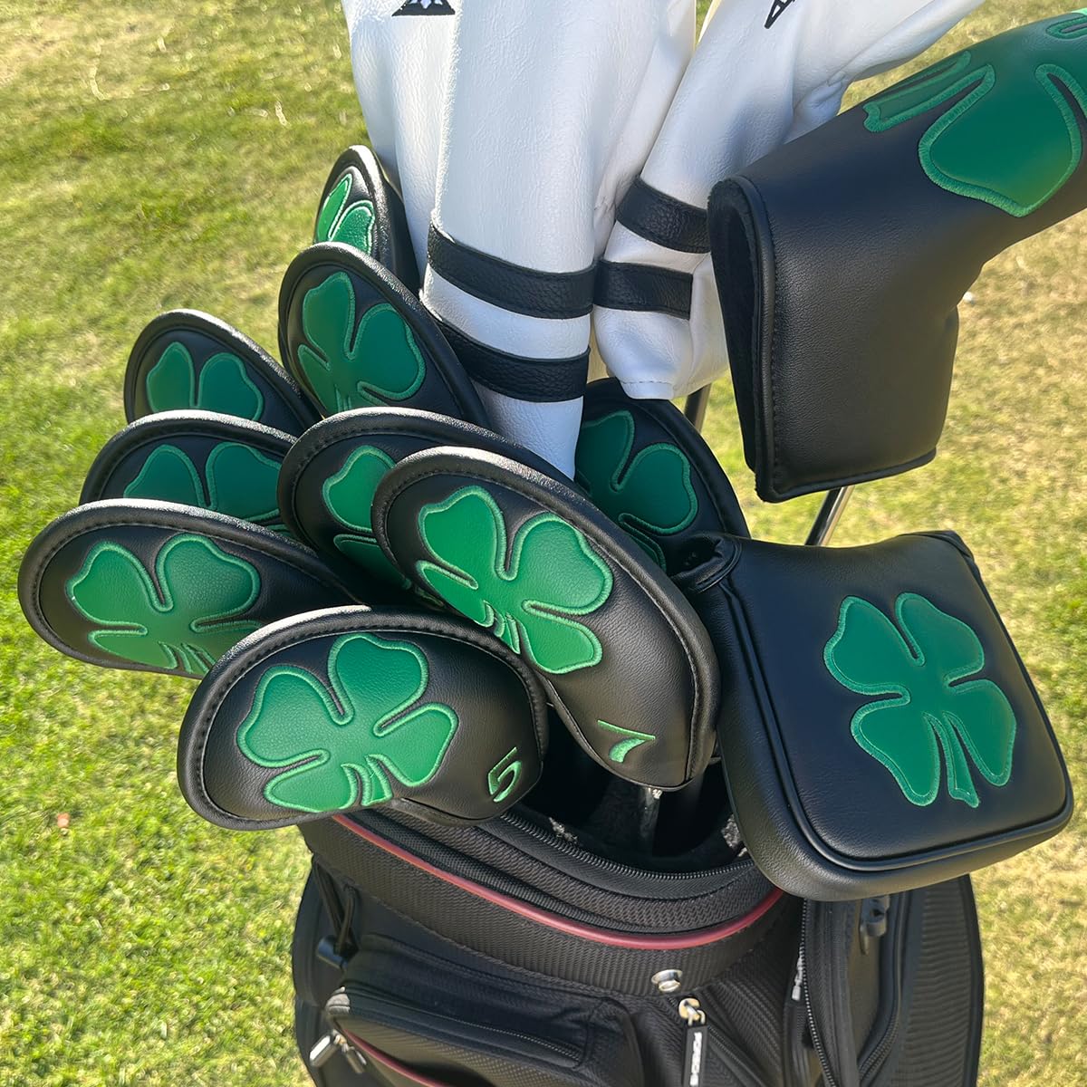 ゴルフアイアンヘッドカバー ブラック ラッキー クローバー  - Golf Club Iron Set のレビューと価格
